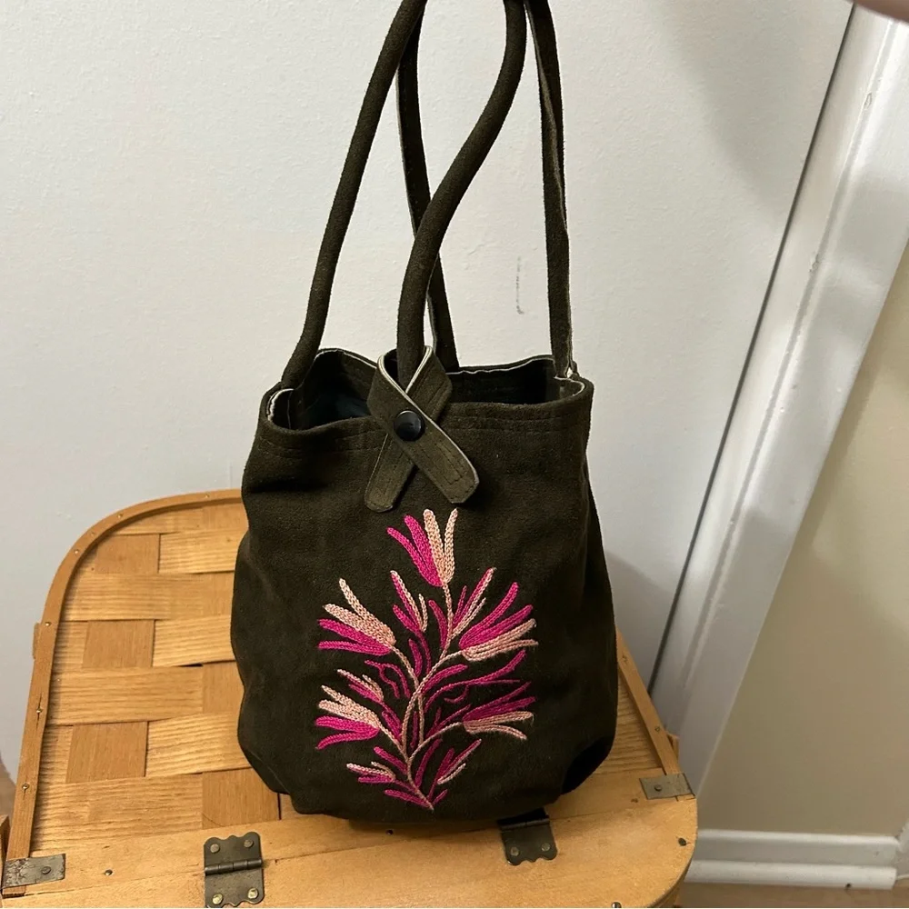 Embroidered Brown and Pink Small Tote Bag